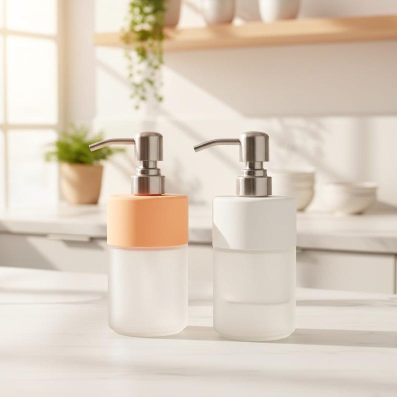 Op de afbeelding: Twee moderne zeepdispensers met roestvrijstalen pompen. E&eacute;n dispenser heeft een oranje bovenkant en een matglazen behuizing, de andere is wit. Beide zijn cilindrisch en staan op een wit aanrecht.