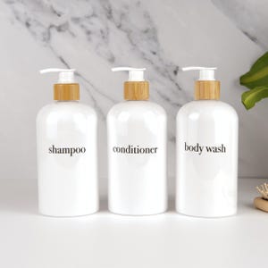 Minimalist White Shampoo Dispenser Set: Bamboo Pump, Refillable Bottles