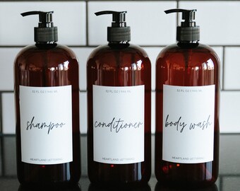 FINAL SALE Large Refillable Shower Dispenser Set | Scratched 32oz Amber Script Shampoo, Conditioner, Body Wash Pump Bottles | Bathroom Decor