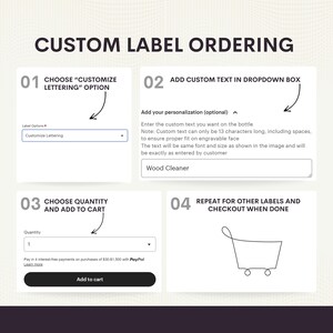 May include: A step-by-step guide on how to customize labels for bottles. The guide includes instructions on choosing a lettering option, adding custom text, selecting a quantity, and adding the items to the cart. The guide also includes a shopping cart icon.