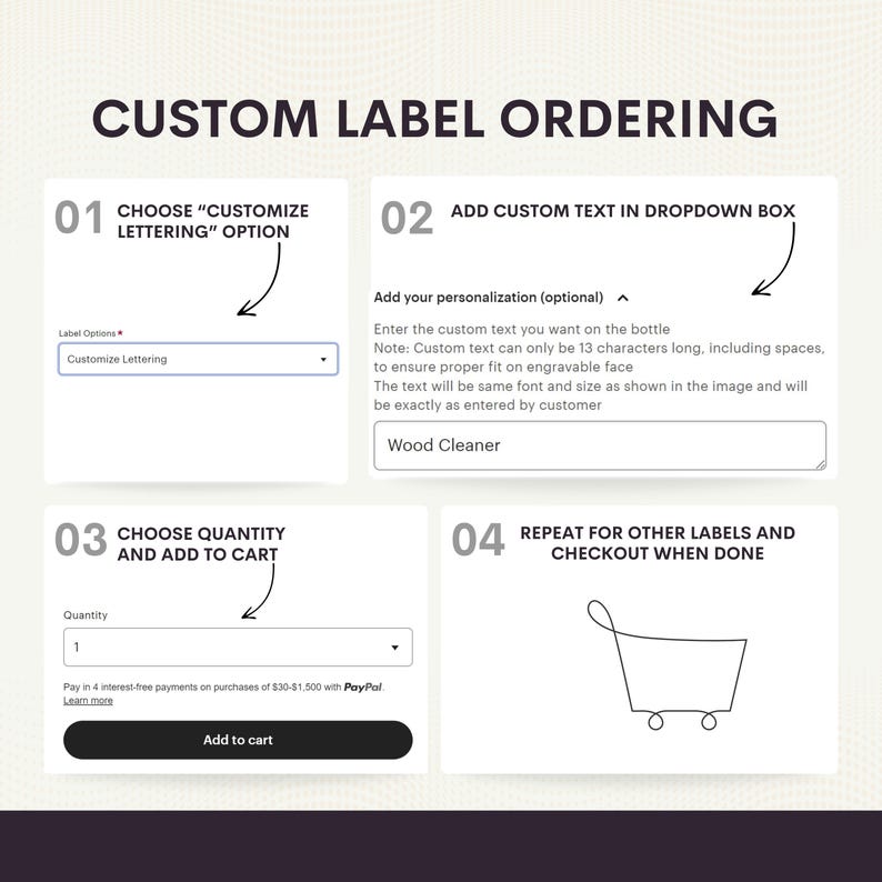 May include: A step-by-step guide on how to customize labels for bottles. The guide includes instructions on choosing a lettering option, adding custom text, selecting a quantity, and adding the items to the cart. The guide also includes a shopping cart icon.