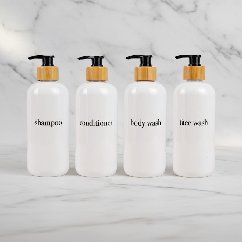 Shampoo and Conditioner Bottles: Refillable Dispenser Set With Waterproof Labels image 1