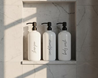 32 oz shampoo & conditioner bottles: Large Refillable White Dispensers for bathroom organization