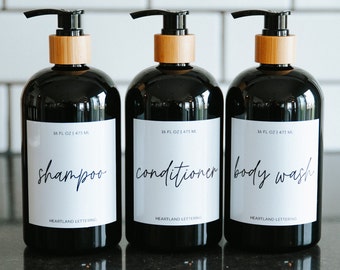 Shampoo, Conditioner, Body Wash Shower Dispenser Bottle Set of 3 | Black with Bamboo Pump | Modern Script Style | Declutter Your Bathroom