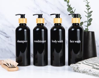 Black Shampoo Bottles, Housewarming Gift, Refillable Shampoo & Conditioner Dispensers, Modern Bathroom Accessories for Shower Organization