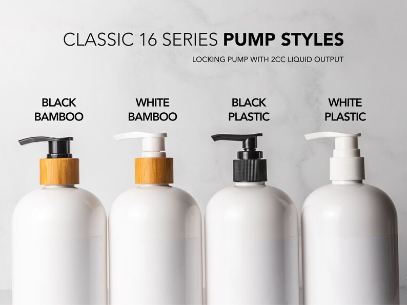 a group of three white bottles with black and white soap dispensers