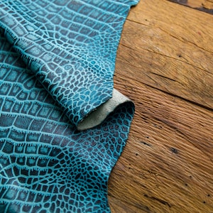 Crocodile Embossed Blue and Black Cowhide, Exotic Croc Pattern Leather for Crafts & Upholstery, Crocodile Textured Hides, Leather Hub