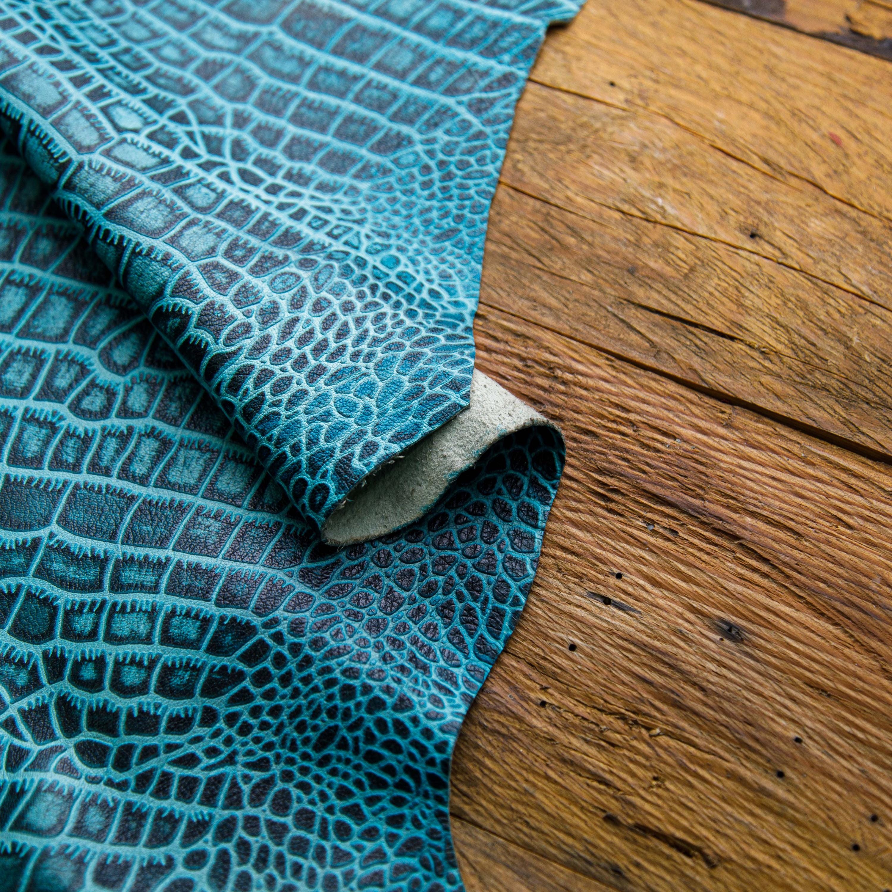 Crocodile Embossed Blue and Black Cowhide, Exotic Croc Pattern Leather for Crafts & Upholstery, Crocodile Textured Hides, Leather Hub