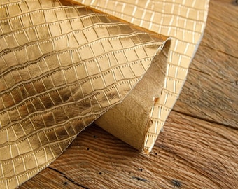 Metallic Gold  Crocodile  Leather | Metallic Leather | Embossed Leather | Gold Hide | Crocodile Purse | Print  Metallic Leather | Belt Hide