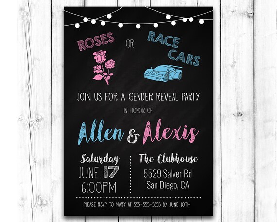 Roses or Race Cars Gender Reveal Invitation Race Car Driver Gender Reveal Invitation Print-It-Yourself Digital File Il_570xn