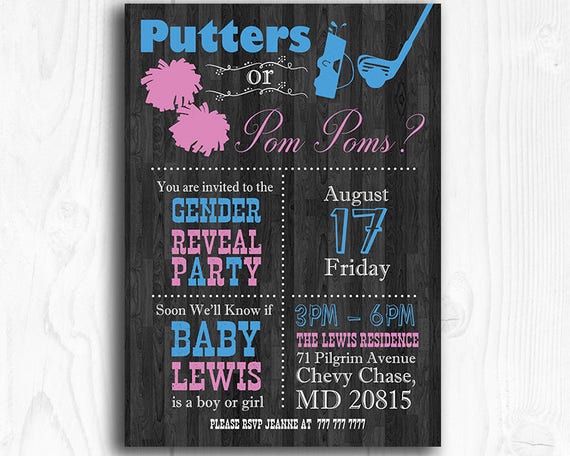 Putters or Pom Poms Gender Reveal Invitation Golf Gender Reveal or Cheerleader Gender Reveal Invitation Print-It-Yourself Digital File Il_570xn