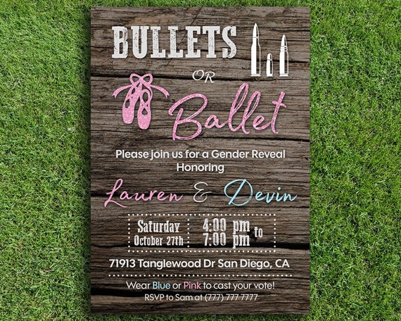 Bullets or Ballet Gender Reveal Invitation Rustic Wood-Textured Gender Reveal Invitation Print-It-Yourself Digital File Il_570xn