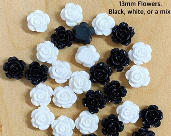 13mm Rose cabochon, white black, petal rose, open bud, jewelry making roses, READY TO SHIP resin, 10 pieces craft supplies, F62