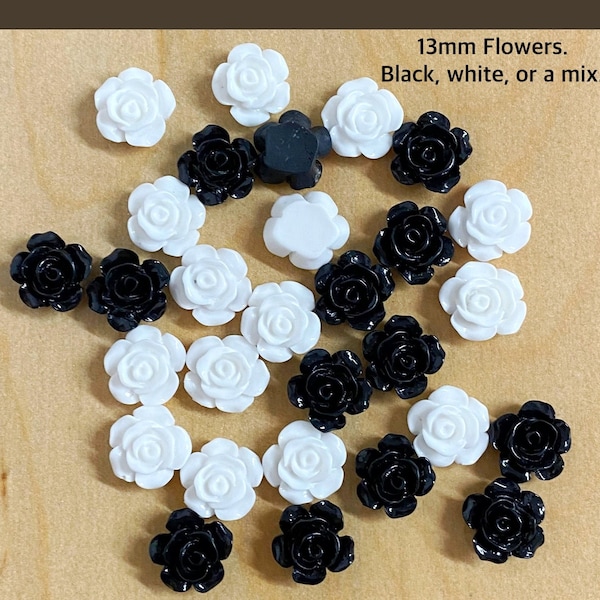 13mm Rose cabochon, white black, petal rose, open bud, jewelry making roses, READY TO SHIP resin, 10 pieces craft supplies, F62