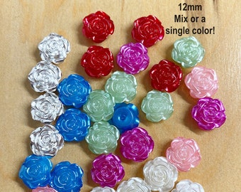 Flower cabochon, resin, very shiny, rose, craft supplies, white, blue, silver, pink, red, 12mm, 8mm back, scrapbooking, F102