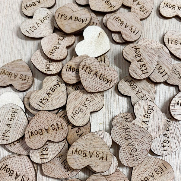 Wood It's A Boy, 1'' wide, baby shower, READY TO SHIP! boy confetti, craft supplies, collage, blanks, heart shape, 25/50/100, table scatter