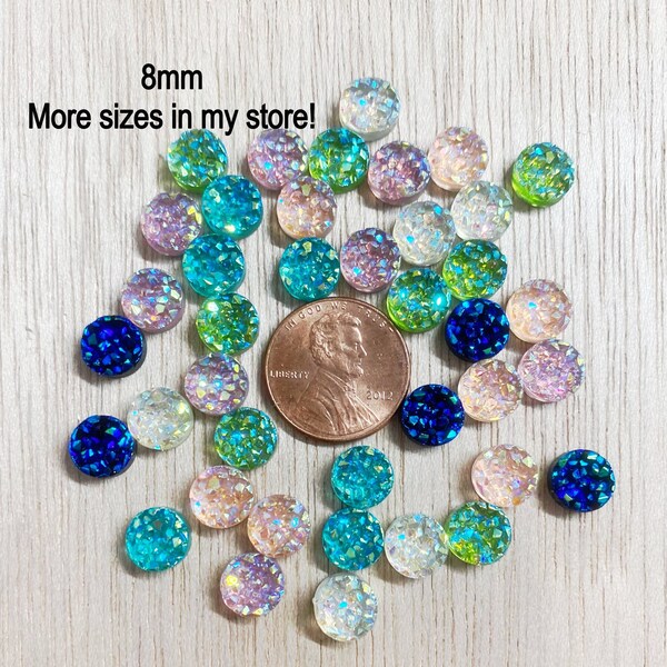 8mm Round cabochon, READY TO SHIP, acrylic, 12 pieces or a mix, faux druzy, flat back, chunky, craft supplies, scrapbooking, art supply, R72