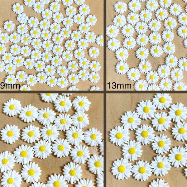 Daisy cabochon white, NO HOLES, 9mm, 13mm, 17mm, 22mm, craft supplies, resin, tiny, large, D31