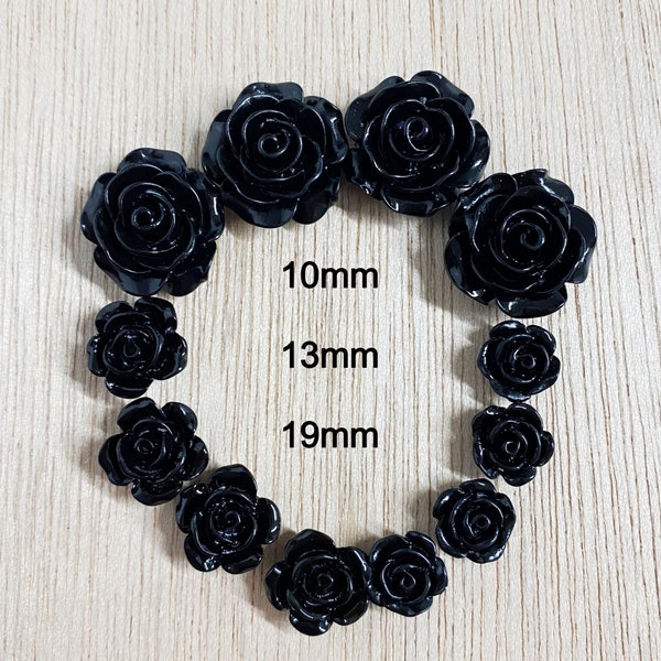 Resin flower cabochon, 10mm, 13mm, 19mm shiny black flower, flat back, jewelry makings, craft supplies, scrapbooking, F71