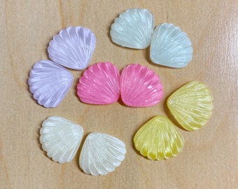4 Shell cabochon, resin, flat back scalloped edge, shimmering READY TO SHIP! gem diy decoration beach theme, pink, yellow, SH101