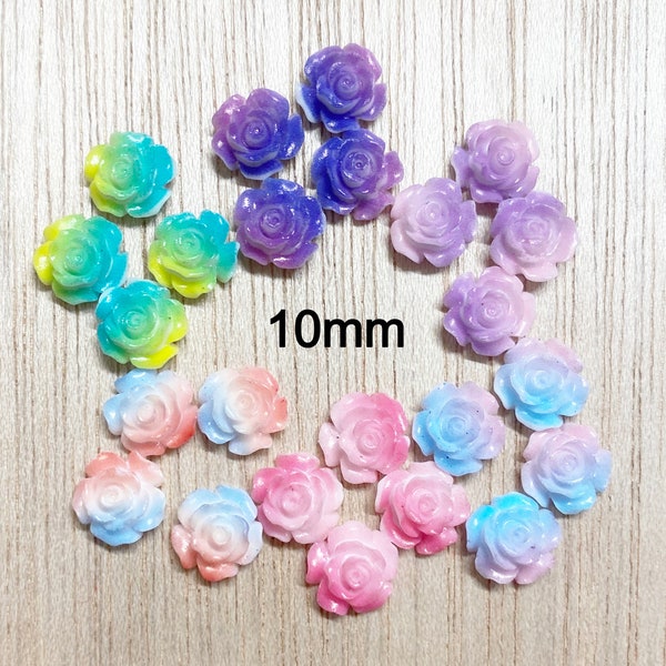 10mm Rose cabochon, SMALL, resin, flatback, flower, craft supplies, tie dye colors, 12 pieces or a mix, F127