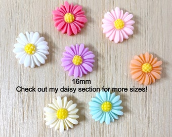 Daisy cabochons, 10 pieces, resin, 16mm, flat back, craft supplies, NO HOLES, D34