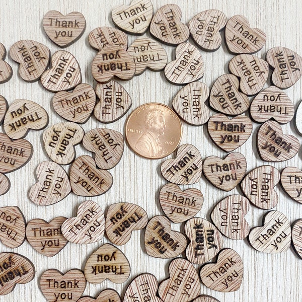Mini Wood THANK YOU hearts, 1/2'' rustic finish, one sided, wedding shower, craft supplies, 50 or 100, party supply, ready to ship