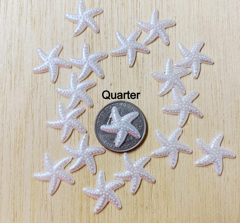 May include: A collection of small, pearlescent white starfish embellishments, each with a textured surface. A U.S. quarter is included for size comparison. The word "Quarter" is printed in black. These decorative starfish are ideal for craft projects.