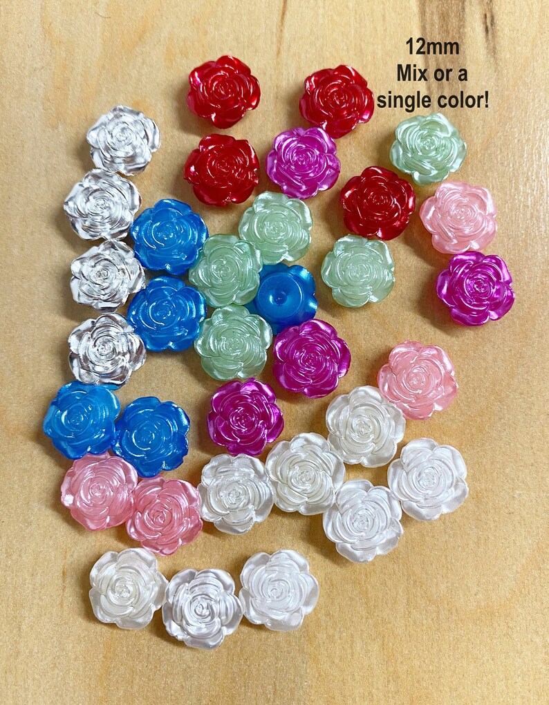 Flower cabochon, resin, very shiny, rose, craft supplies, white, blue, silver, pink, red, 12mm, 8mm back, scrapbooking, F102 image 1