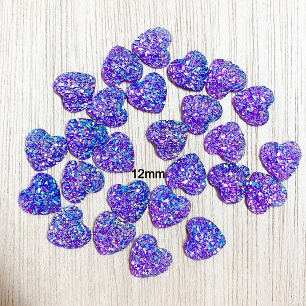 12mm heart cabochon, 10 pieces, acrylic, purple, glitter heart flat back, 12mm purple heart flat back, H61