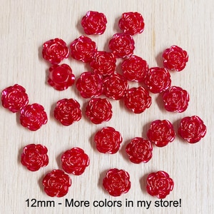 Red flower, 12mm, flower cabochon, resin, very shiny, rose, craft supplies, 8mm back, scrapbooking, 10, 12, or 20 pieces, F102R
