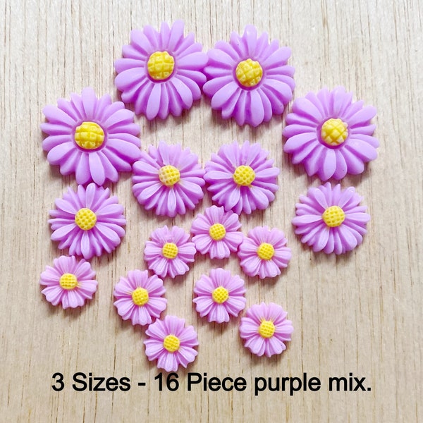 Daisy cabochon mix, purple, 3 sizes, NO HOLES, 9mm, 13mm, 17mm, craft supplies, resin, tiny, large, D36