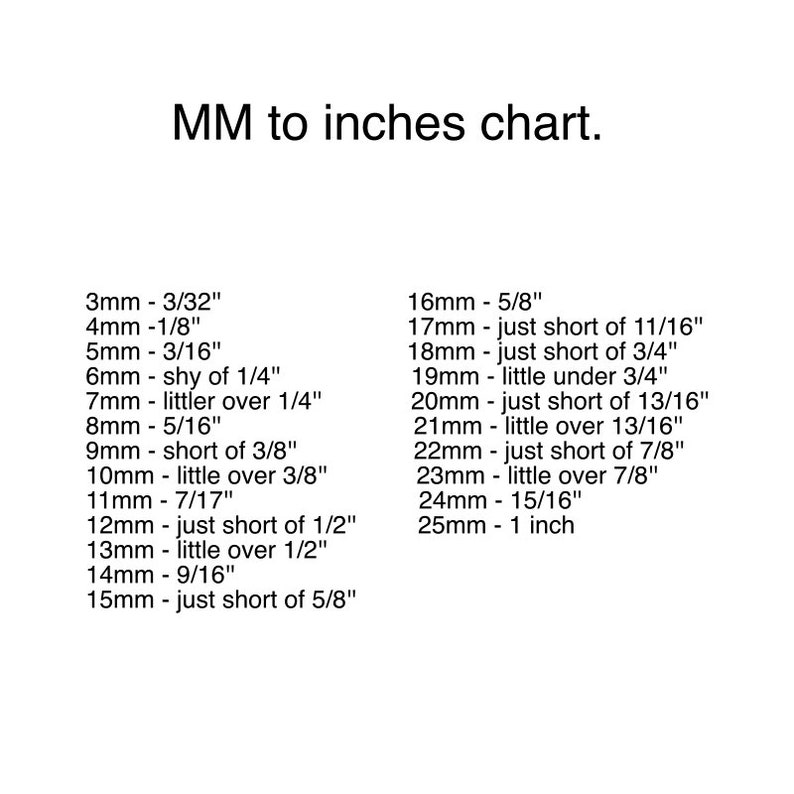 May include: A chart showing the conversion of millimeters to inches. The chart lists measurements in millimeters and their corresponding approximate inch equivalents. For example, 3mm is equal to 3/32 inches, 4mm is equal to 1/8 inches, and 5mm is equal to 3/16 inches.