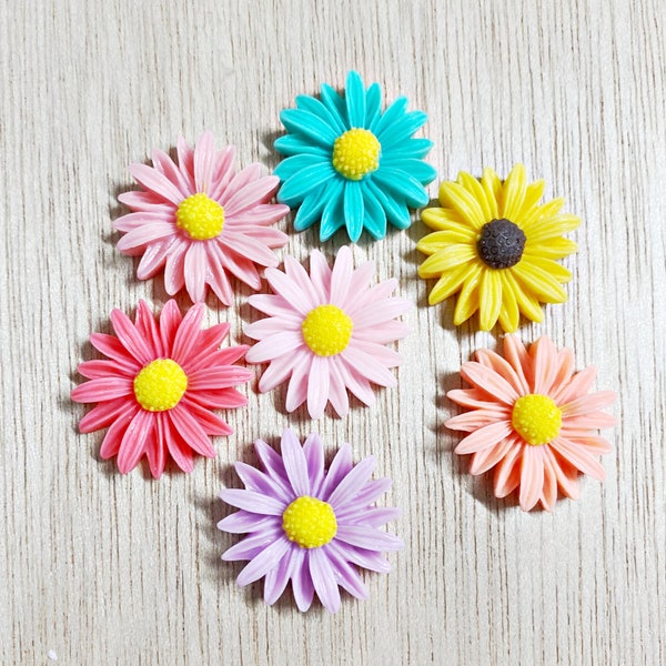 Daisy flower cabochon, LARGE, resin, 25mm, 5 pieces flat back, hair crafts, diy, craft supplies, pink, yellow, No holes, D37