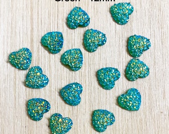 Green 12mm heart cabochon, 10 pieces, green heart flat back, faux druzy, green acrylic heart, craft supplies, art supply, H55