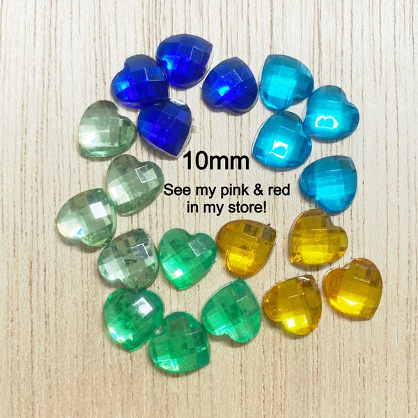 Heart cabochon, 10mm, scrapbooking colors phone frame card headband embellishment flat back black is plastic faceted 10 or 20 pieces H48