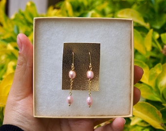Pink Petal Pearl Drop Earrings | Cultured Pearls, Gold Chain, 18k Gold Filled Hooks