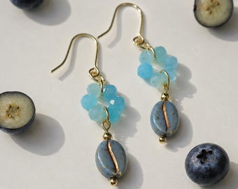 Blueberry Bliss Latte Drop Earrings | Dainty Blue Coffee Jewelry | 14k Gold Filled | Light Blue Glass Bead Wreath | Barista Gift