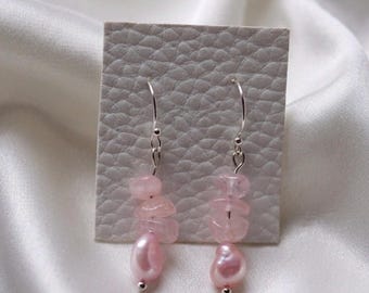 Rose Quartz and Pink Pearl Drop Earrings – Cultured Pearl & Raw Crystal Chip Dangles – Sterling Silver – Mother’s Day Jewelry Gift for Her