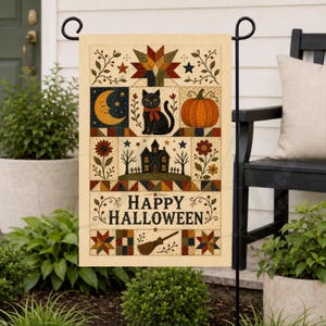 May include: A rectangular garden flag featuring a patchwork design with a black cat, a pumpkin, a crescent moon, and a haunted house. The text HAPPY HALLOWEEN is printed in the centre. The flag includes floral motifs, stars, and a broomstick.