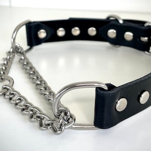 Handcrafted Black Leather Studded Riveted Martingale Collar Pet Play Fetish Kink Collar for Submissive in silver, black, or gold hardware