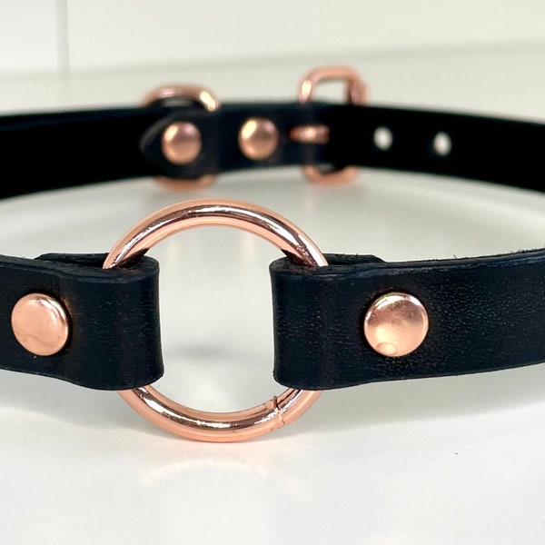 Black Leather Kink BDSM Day Collar Choker for Submissive (Available in silver, gold, black, or rose gold hardware)