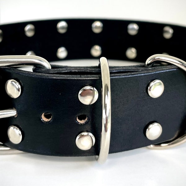 Handcrafted Black Leather BDSM Studded Pet Play Pup Rivet Fetish Gear Collar for Submissive in multiple hardware color options