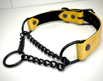 Pre-made Yellow Leather Honey Bee stamped Martingale Collar Pet Play Fetish Kink Collar for Submissive for 12.5” - 13.5” neck