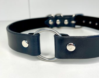 Pre-made Black Leather Pet Play Fetish Kink Collar for Submissive in silver colored hardware for 14”-16” neck
