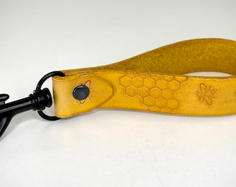 Honeycomb and Honeybee Leather Keychain, Handmade 5.5”