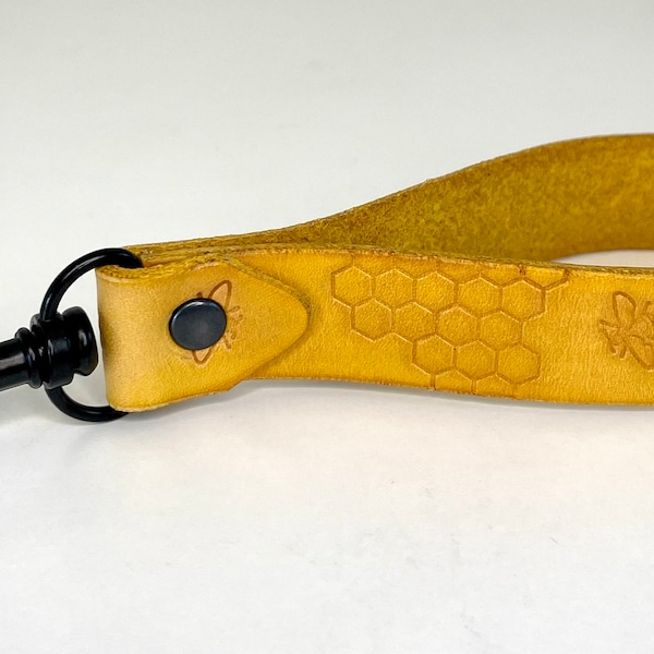 Yellow Honeycomb and Honeybee Key Chain Leather Key Chain Size 5.5” Long