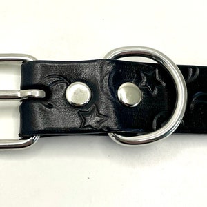 May include: Black leather dog collar with a silver buckle and D-ring. The collar has a moon and star pattern embossed into the leather.
