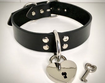 Handcrafted Black Leather Heart Lock Kink Fetish Collar Choker for Submissive available in multiple colors
