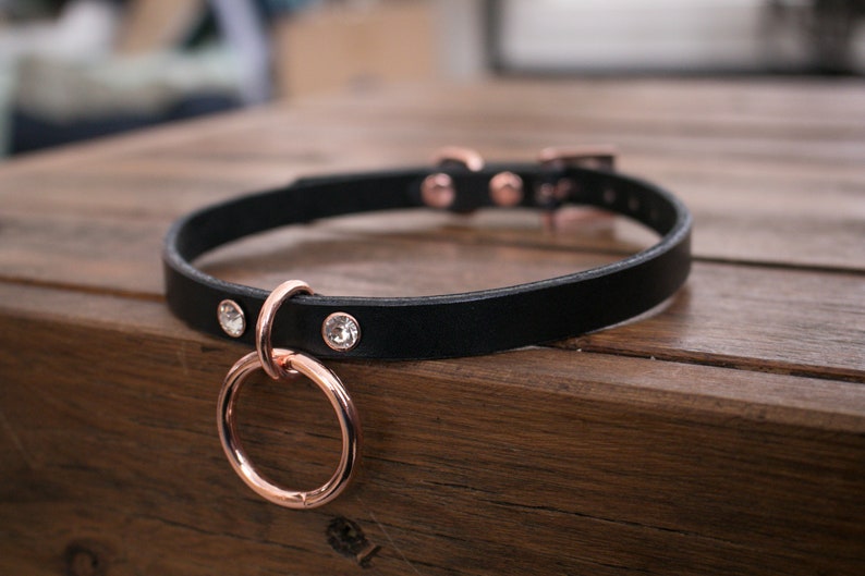 Black Leather BDSM Collar Choker for Submissive with Rose Gold, Gold, or Silver hardware and Rhinestone Rivets 